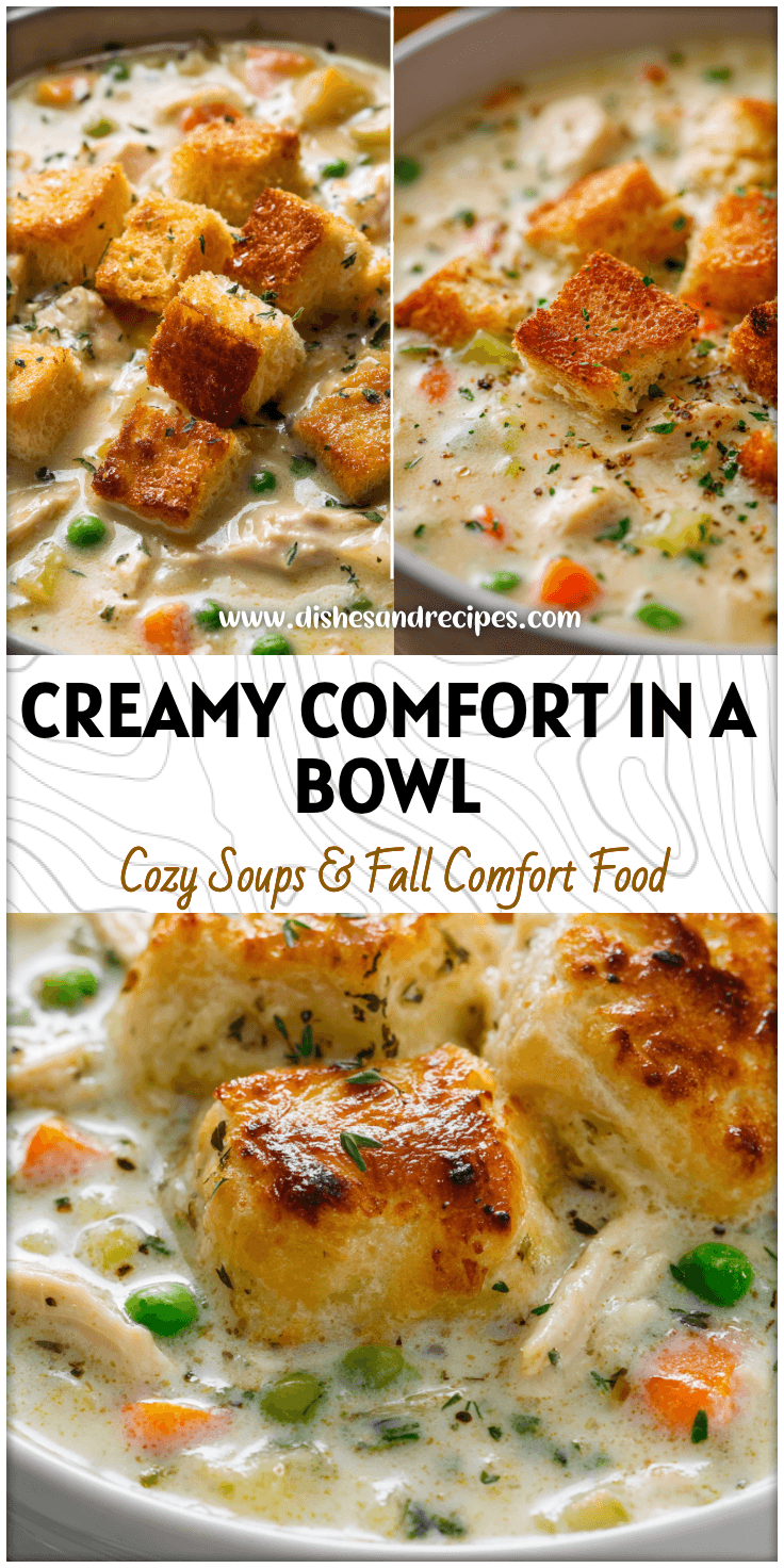 Bowl of creamy chicken pot pie soup topped with golden crust pieces from Natashas Kitchen Soup Recipes